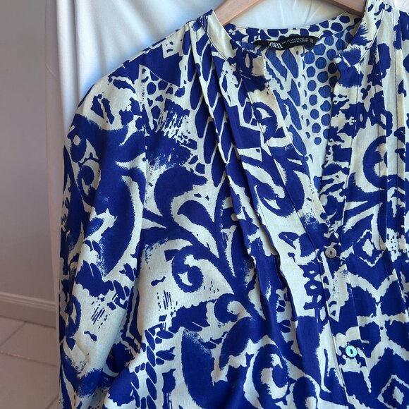 ZARA Blue & White Printed Boho Mini Dress - XS - Picture 1 of 4